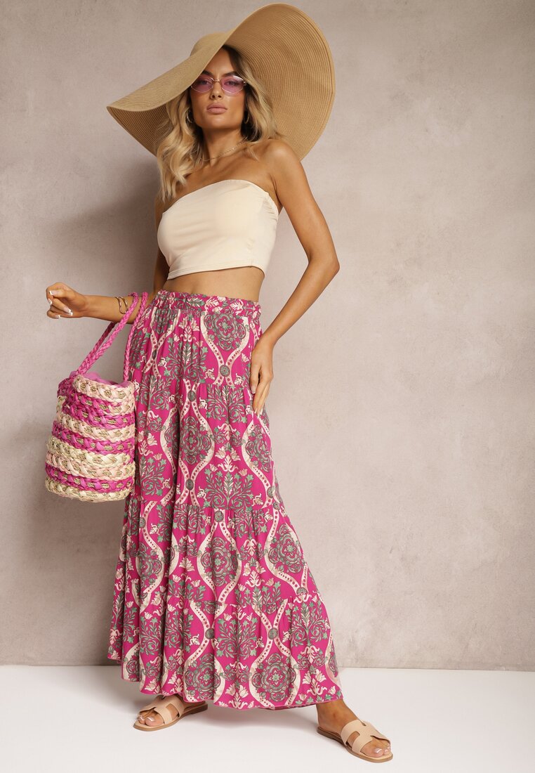Pantaloni fucsia din viscoză cu picior larg High Waist cu elastic în talie Risettasmi