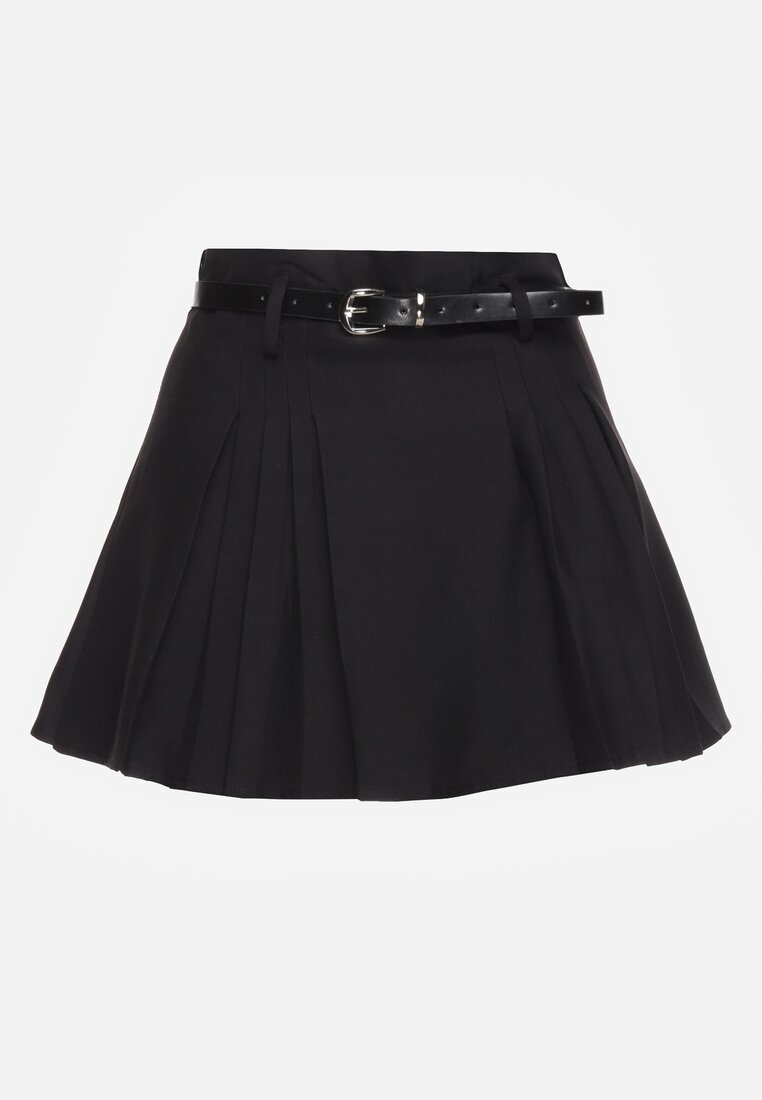 Czarne Rozkloszowane Spódnico-Spodenki Plisowane High Waist z Paskiem Bastorea