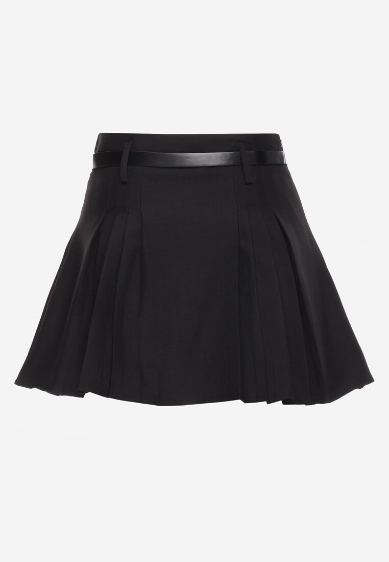 Czarne Rozkloszowane Spódnico-Spodenki Plisowane High Waist z Paskiem Bastorea