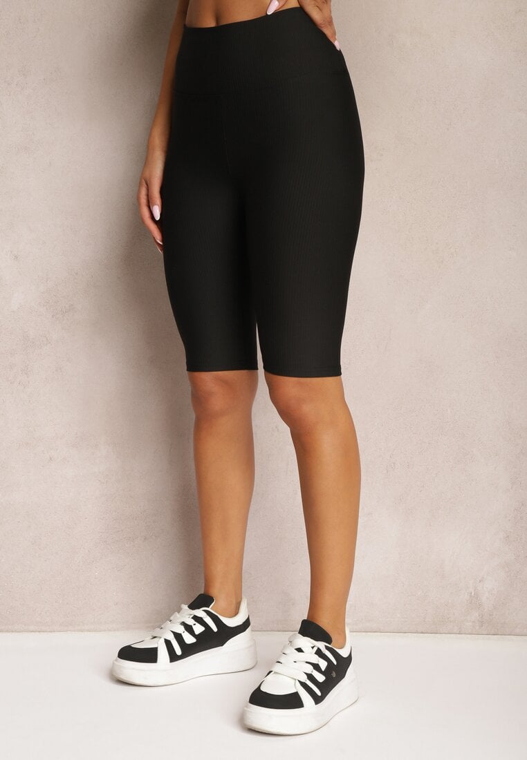Czarne Szorty Typu Kolarki High Waist z Prążkowanego Materiału Vimara