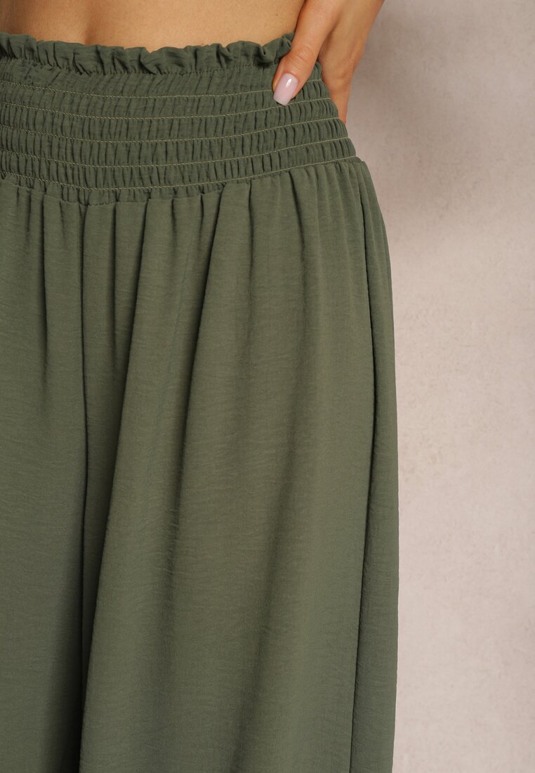 Pantaloni verzi inchis cu talie inalta, cu craci largi si elastic in talie Risabessa.
