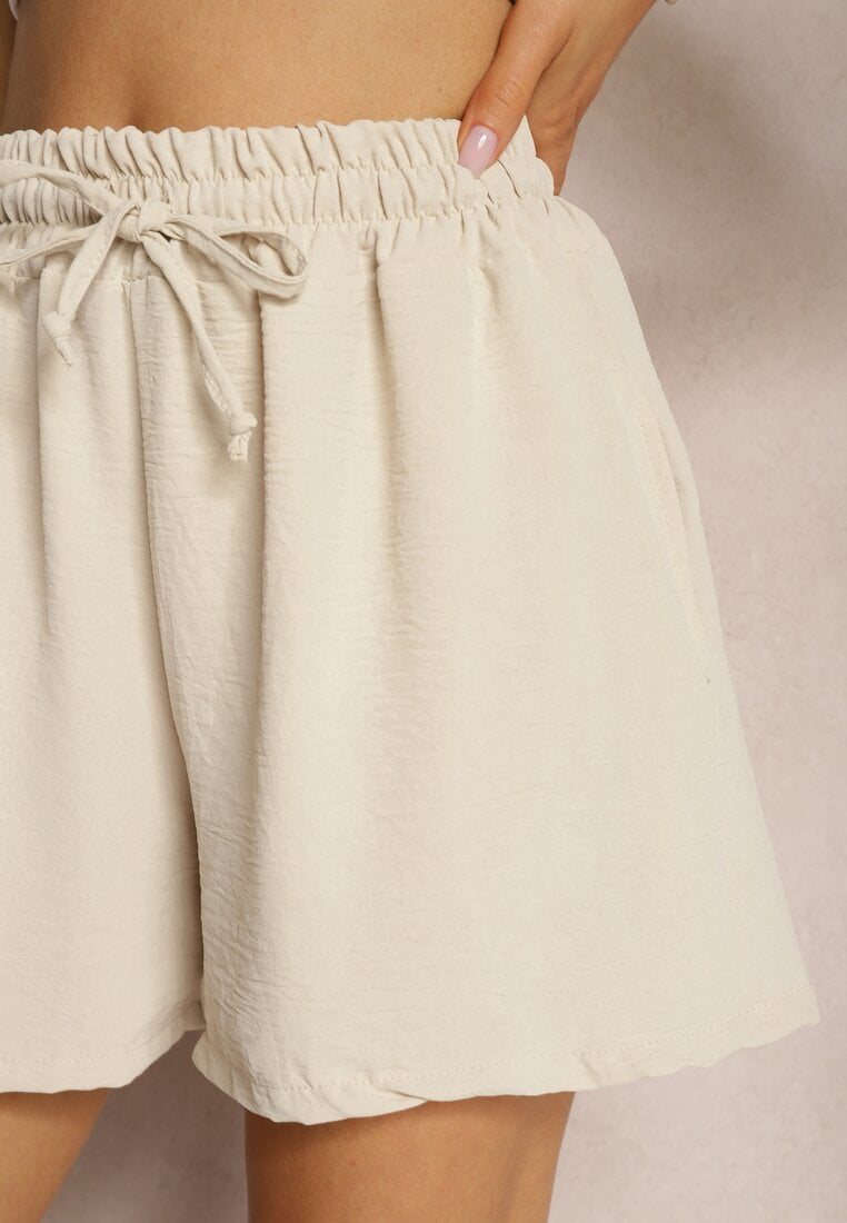 Beżowe Szorty o Luźnym Kroju High Waist z Gumką w Talii Vimallora