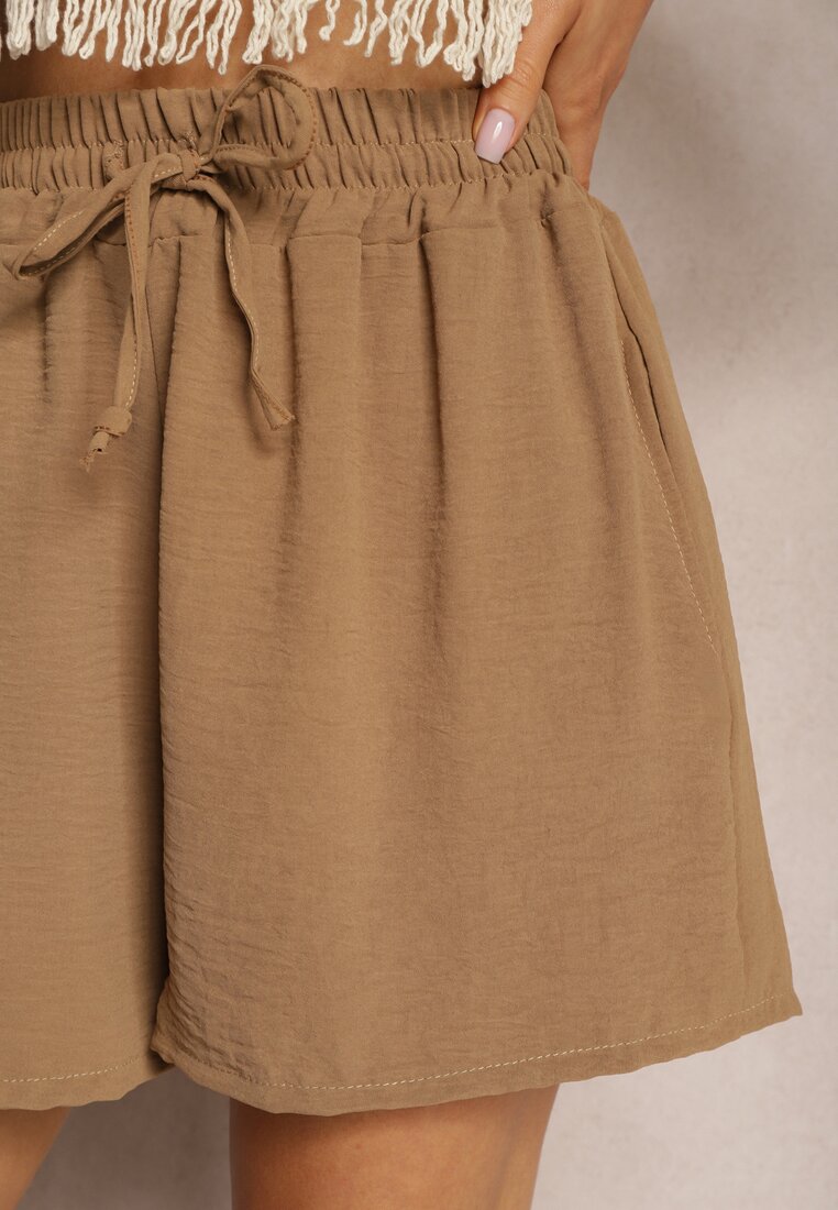 Ciemnobeżowe Szorty o Luźnym Kroju High Waist z Gumką w Talii Vimallora