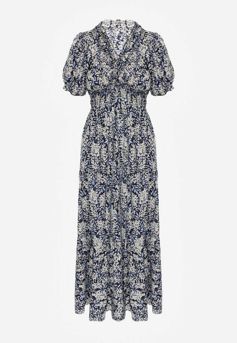 Granatowa Trapezowa Sukienka z Bawełny z Bufiastymi Rękawami Falbaną i Gumką w Talii Vimayana