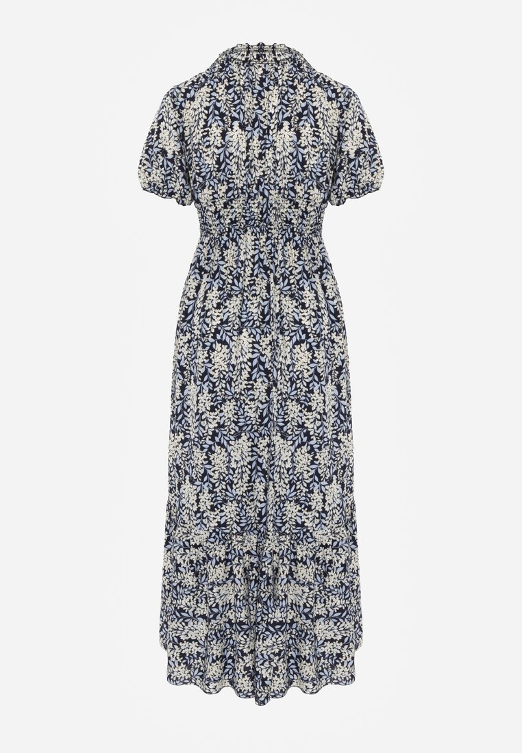 Granatowa Trapezowa Sukienka z Bawełny z Bufiastymi Rękawami Falbaną i Gumką w Talii Vimayana