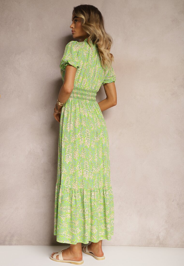 Rochie trapezoidală verde deschis din bumbac cu mâneci bufante, volane și elastic în talie Vimayana