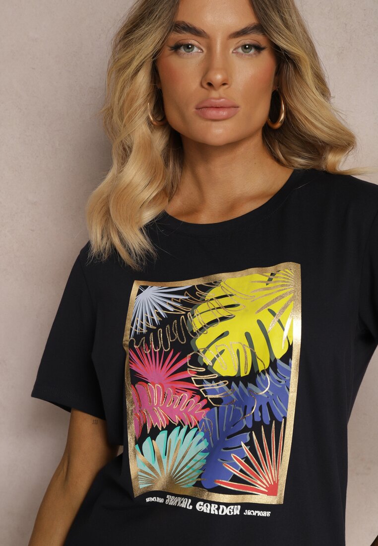 Tricou Negru Casual din Bumbac cu Imprimeu Tropical Adrinea