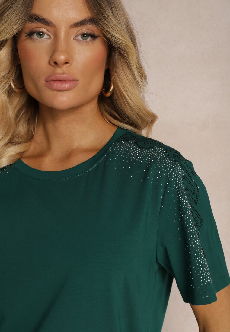 Verde închis Tricou din Bumbac cu Pietre Strass pe Mâneci Lalflea