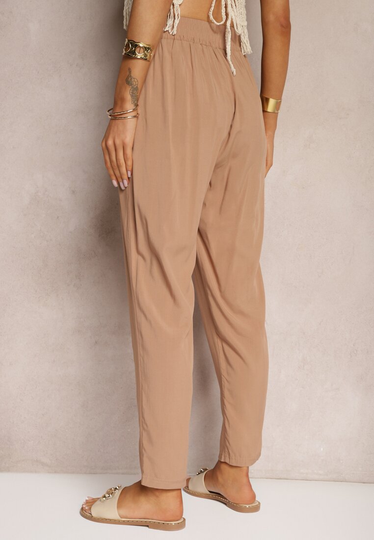 Brązowe Spodnie Paper Bag High Waist z Bawełny z Gumką w Talii Emorea