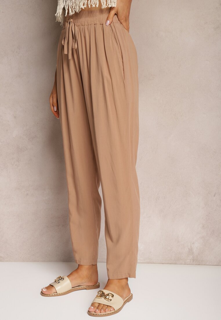 Brązowe Spodnie Paper Bag High Waist z Bawełny z Gumką w Talii Emorea