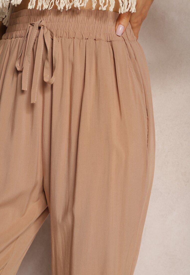 Brązowe Spodnie Paper Bag High Waist z Bawełny z Gumką w Talii Emorea