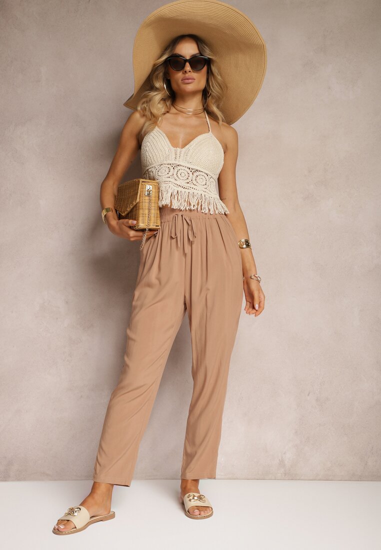 Brązowe Spodnie Paper Bag High Waist z Bawełny z Gumką w Talii Emorea