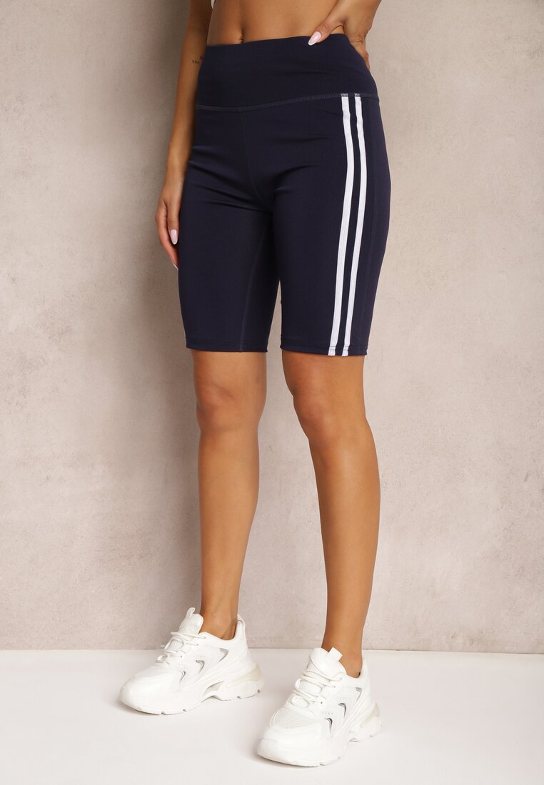 Granatowe Szorty Kolarki High Waist z Ozdobnymi Lampasami Jelorea