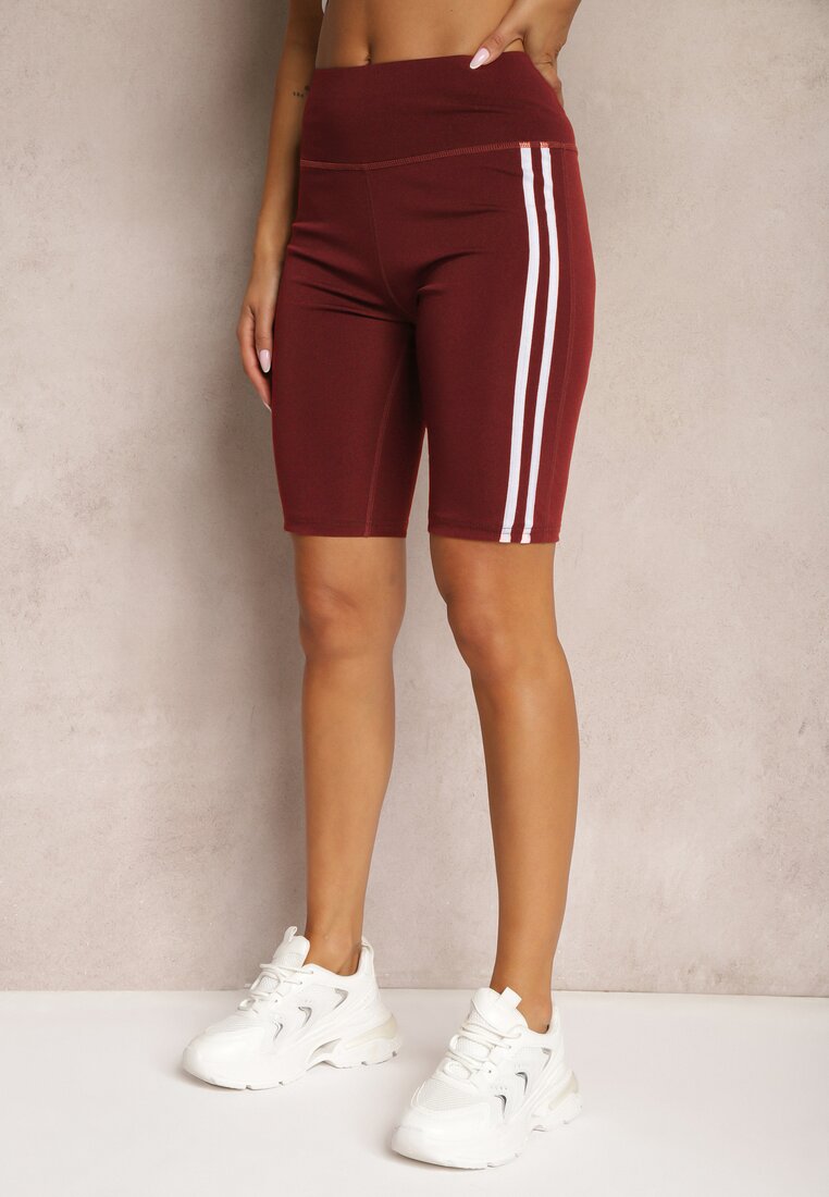 Bordowe Szorty Kolarki High Waist z Ozdobnymi Lampasami Jelorea