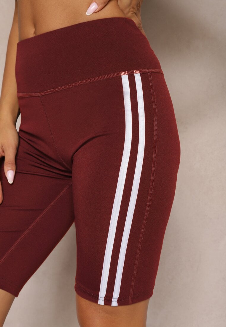 Bordowe Szorty Kolarki High Waist z Ozdobnymi Lampasami Jelorea