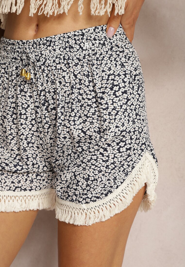 Bleumarin Pantaloni Scurți Vâscoză Croi Lejer Imprimeu Floral Franjuri Elastic Talie Vimalani