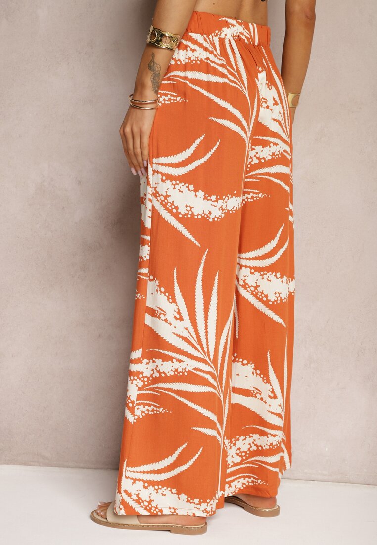 Pantaloni largi portocalii din viscoză cu talie înaltă croi culottes cu imprimeu frunze Vimanelle