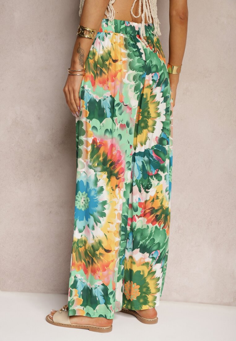 Zielone Spodnie z Wiskozy High Waist z Szerokimi Nogawkami Ozdobione Wzorem Tie-Dye Risalias