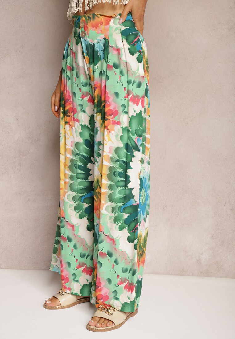 Zielone Spodnie z Wiskozy High Waist z Szerokimi Nogawkami Ozdobione Wzorem Tie-Dye Risalias