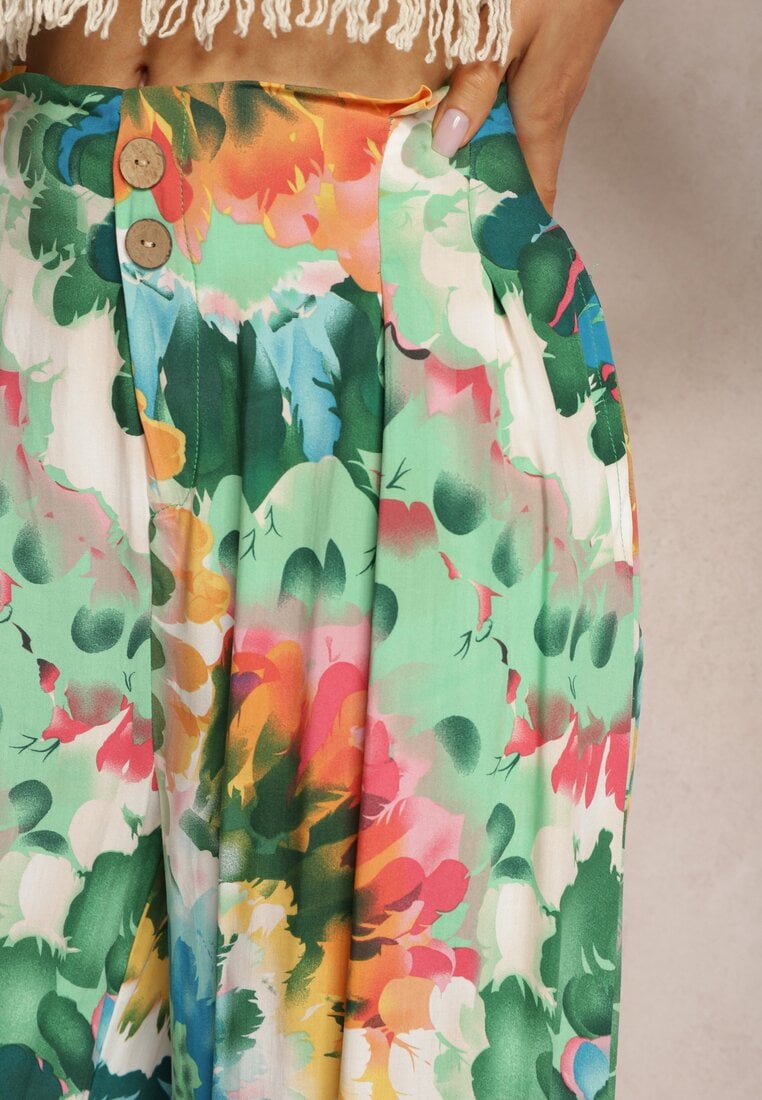 Zielone Spodnie z Wiskozy High Waist z Szerokimi Nogawkami Ozdobione Wzorem Tie-Dye Risalias