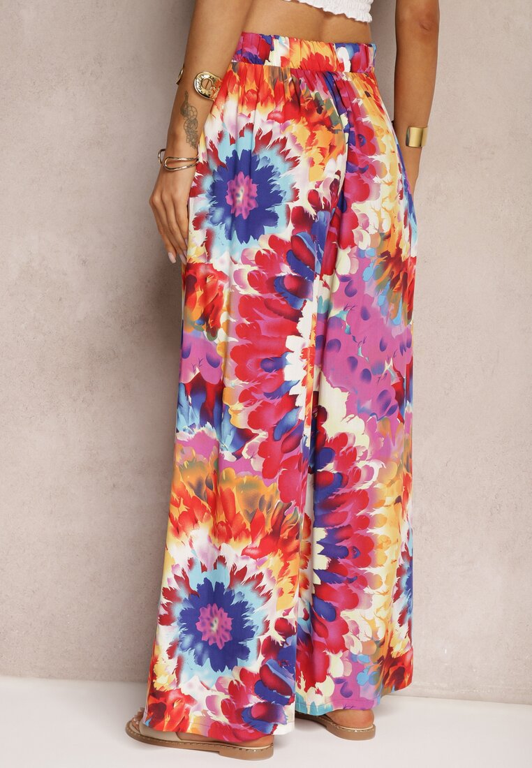 Fioletowo-Niebieskie Spodnie z Wiskozy High Waist z Szerokimi Nogawkami Ozdobione Wzorem Tie-Dye Risalias