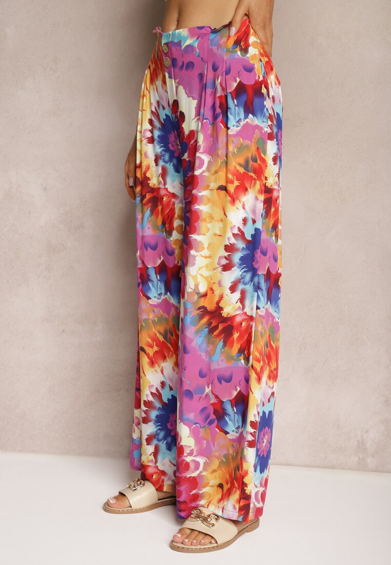 Fioletowo-Niebieskie Spodnie z Wiskozy High Waist z Szerokimi Nogawkami Ozdobione Wzorem Tie-Dye Risalias