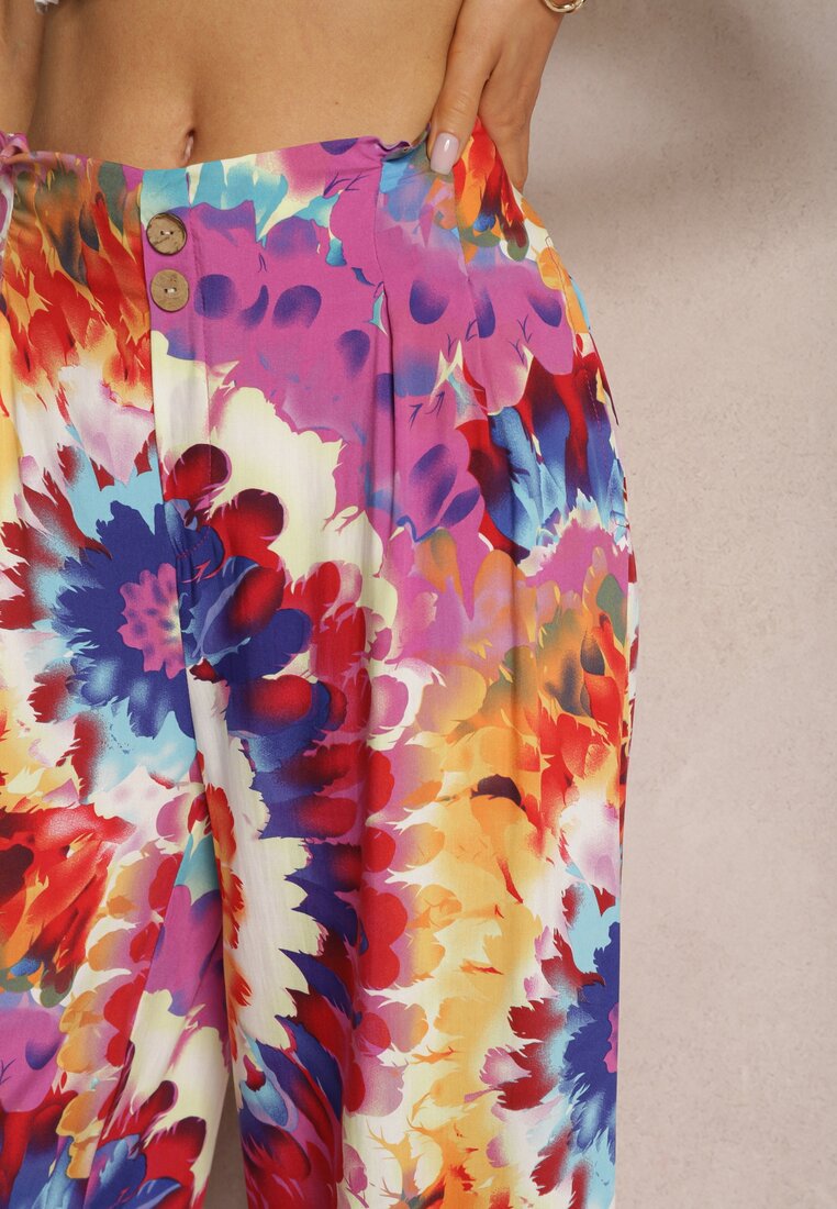 Fioletowo-Niebieskie Spodnie z Wiskozy High Waist z Szerokimi Nogawkami Ozdobione Wzorem Tie-Dye Risalias