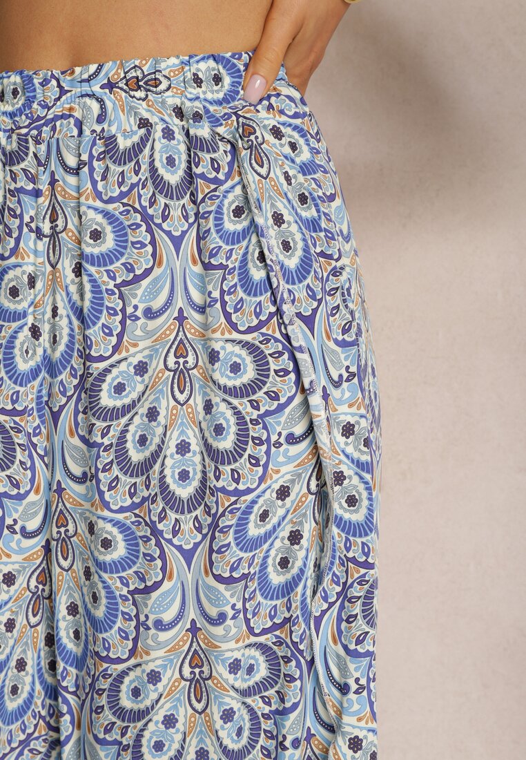 Niebieskie Spodnie Kuloty z Wiskozy o Asymetrycznym Kroju High Waist z Gumką w Pasie Risalees