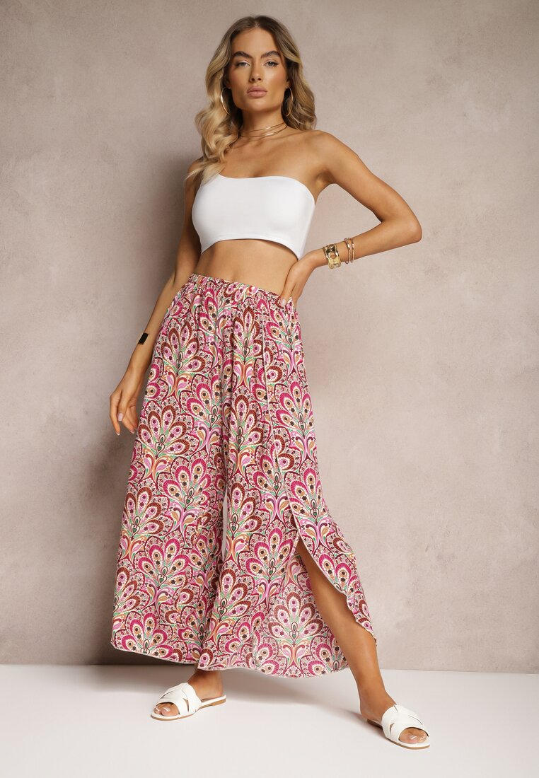 Różowo-Beżowe Spodnie Kuloty z Wiskozy o Asymetrycznym Kroju High Waist z Gumką w Pasie Risalees