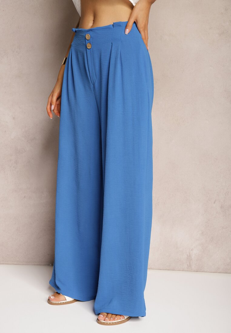Niebieskie Spodnie w Stylu Alladynek High Waist Wykończone Gumką w Pasie Riselma