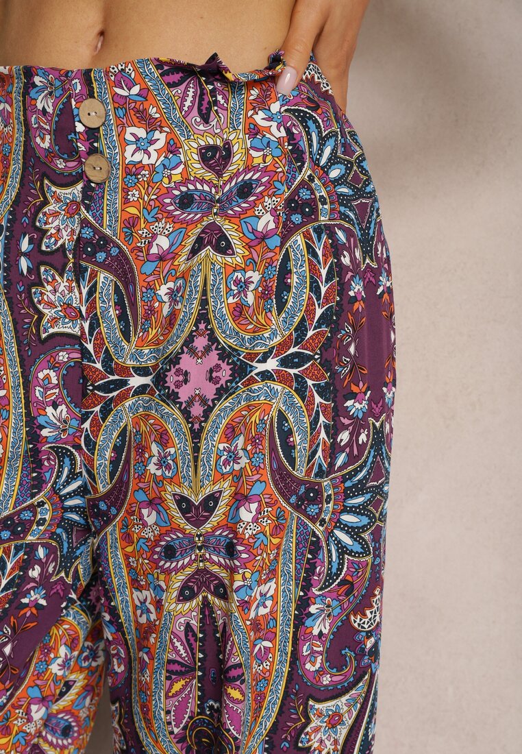 Fioletowe Wiskozowe Spodnie High Waist o Szerokim Kroju z Gumką w Talii Vimashia