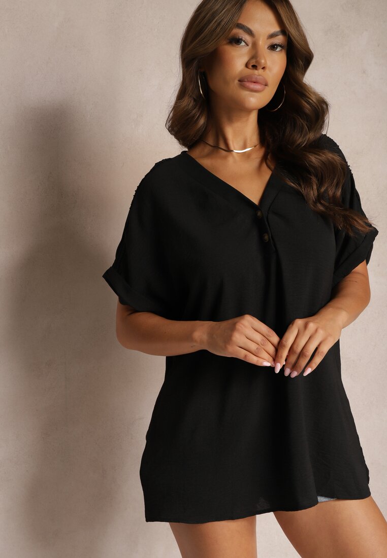 Czarna Bluzka z Wiskozą Ozdobiona Ażurowymi Wstawkami Ozdobiona Guzikami Vimalenna