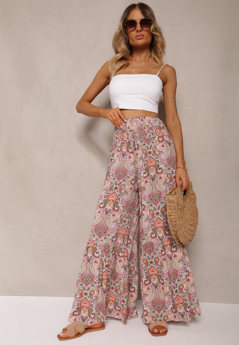Różowo-Zielone Spodnie z Rozszerzanymi Nogawkami z Wiskozy High Waist z Gumką w Talii Nasie