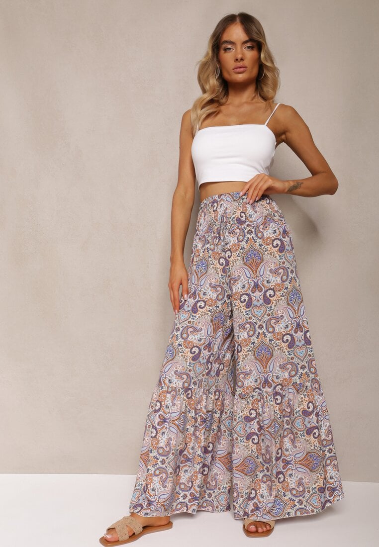 Jasnoniebieskie Spodnie z Rozszerzanymi Nogawkami z Wiskozy High Waist z Gumką w Talii Nasie