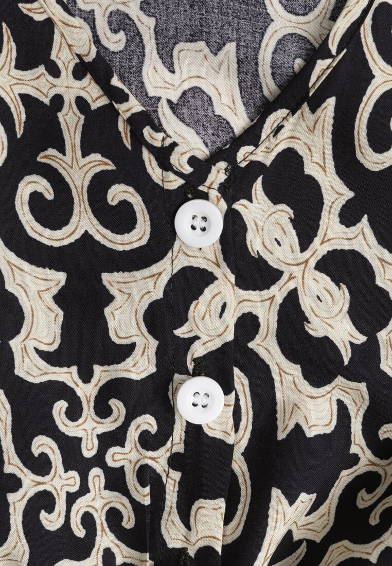 Granatowa Sukienka z Bawełny z Trójkątnym Dekoltem i Gumką w Talii Zapinana na Guziki Lavlea