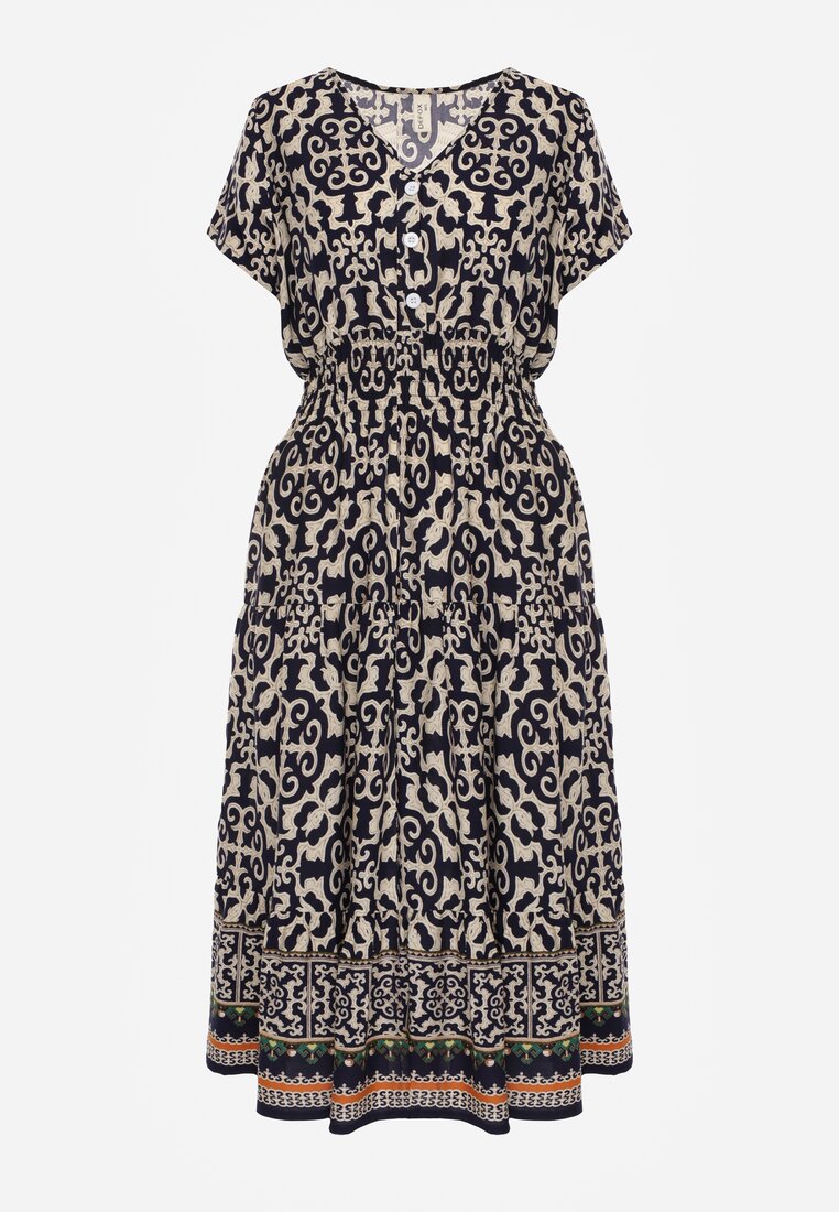 Granatowa Sukienka z Bawełny z Trójkątnym Dekoltem i Gumką w Talii Zapinana na Guziki Lavlea