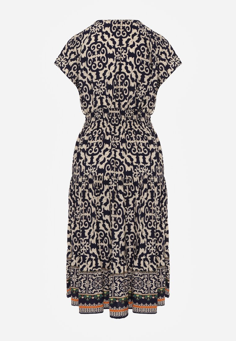 Granatowa Sukienka z Bawełny z Trójkątnym Dekoltem i Gumką w Talii Zapinana na Guziki Lavlea