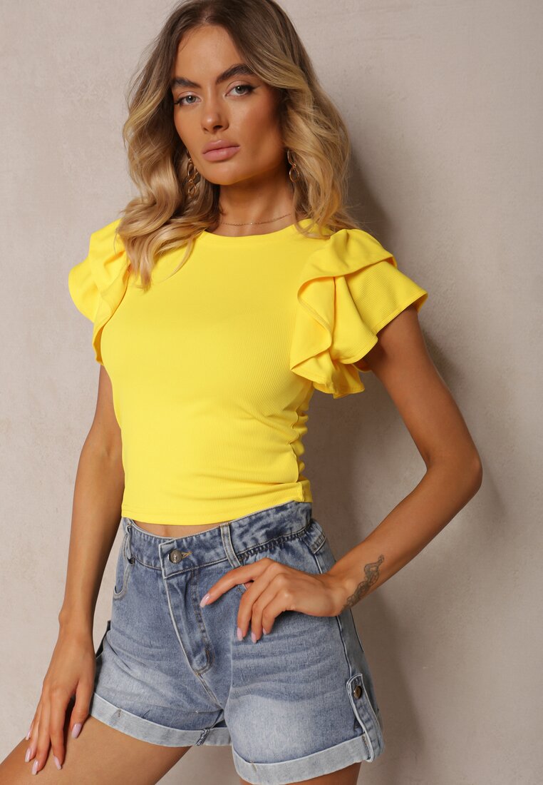 Żółty Prążkowany T-shirt z Krótkim Rękawem i Falbanką przy Rękawach Vimerea