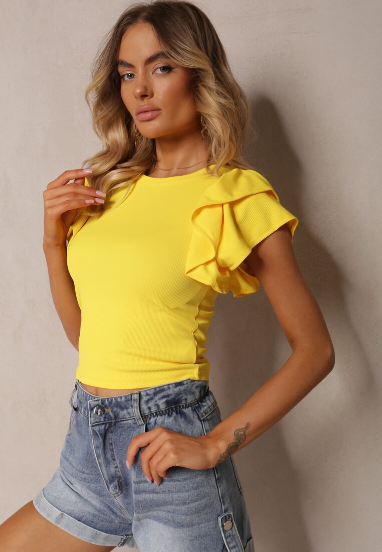 Żółty Prążkowany T-shirt z Krótkim Rękawem i Falbanką przy Rękawach Vimerea