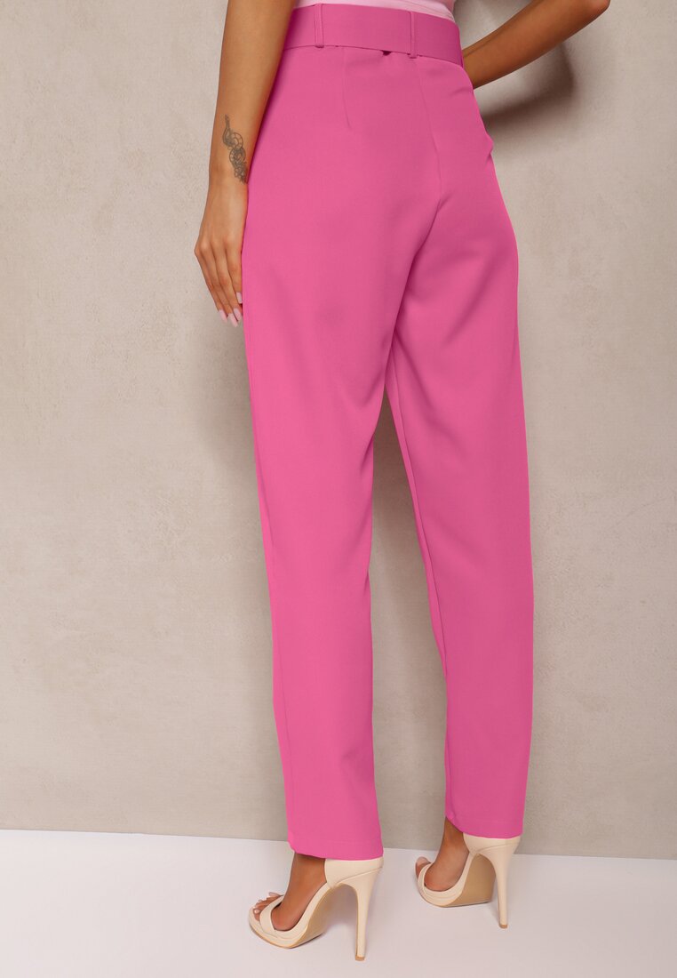 Ciemnoróżowe Spodnie Garniturowe High Waist z Paskiem Wenus