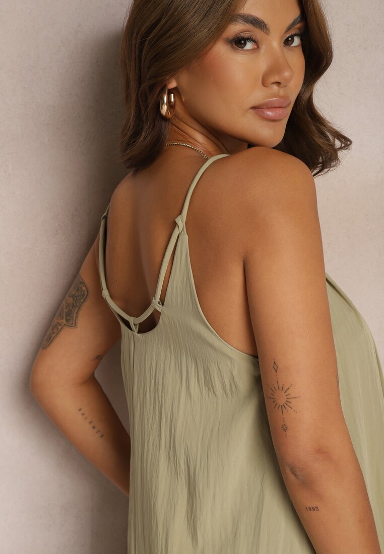 Ciemnobeżowa Trapezowa Sukienka z Dodatkiem Bawełny na Ramiączkach Wykończona Sznurkiem Nerceria