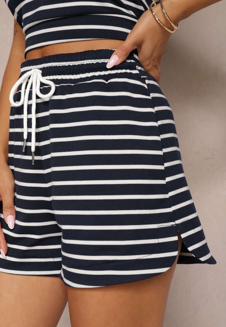 Granatowe Szorty Dresowe High Waist z Bawełny w Paski Ściągane Troczkiem Celisea
