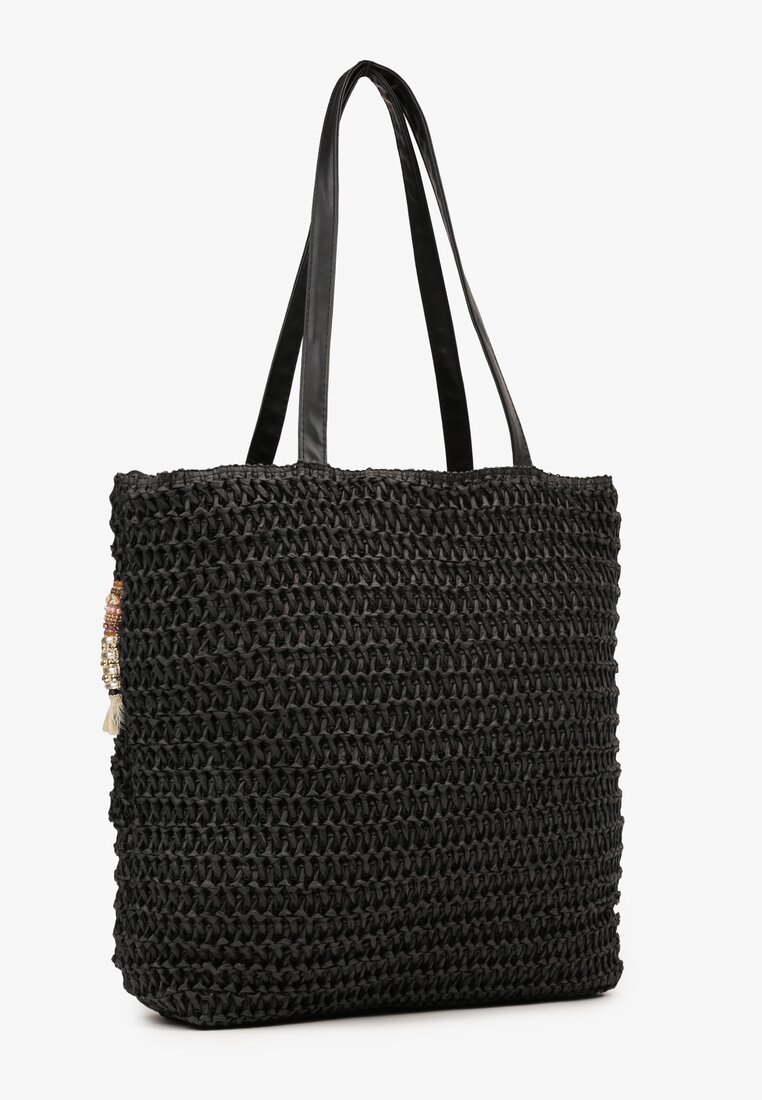 Czarna Jednokomorowa Torebka Shopperka w Stylu Boho Wykończona Frędzlami Rivelae