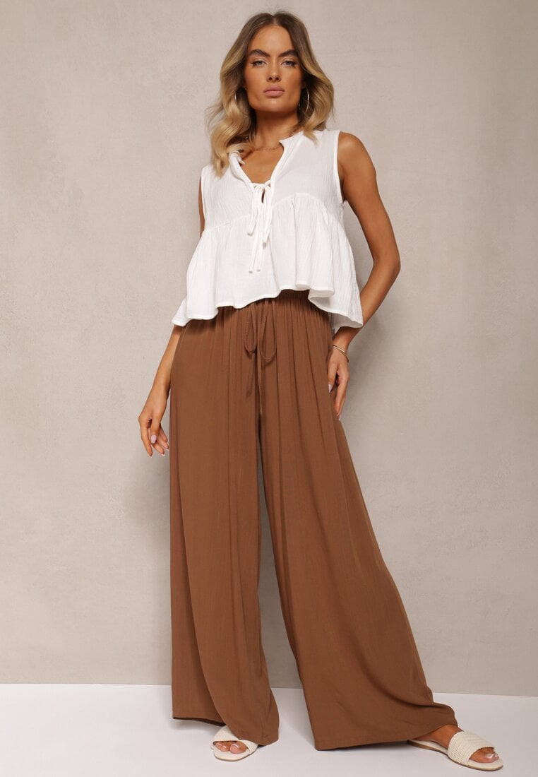 Brązowe Szerokie Spodnie High Waist z Gumką w Talii Ilnena