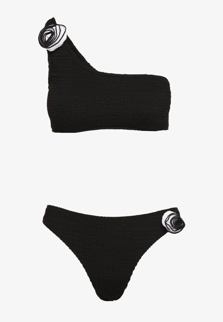Czarne Bikini 2-Częściowe Asymetryczny Stanik i Majtki z Aplikacjami Kwiatu Namsilea