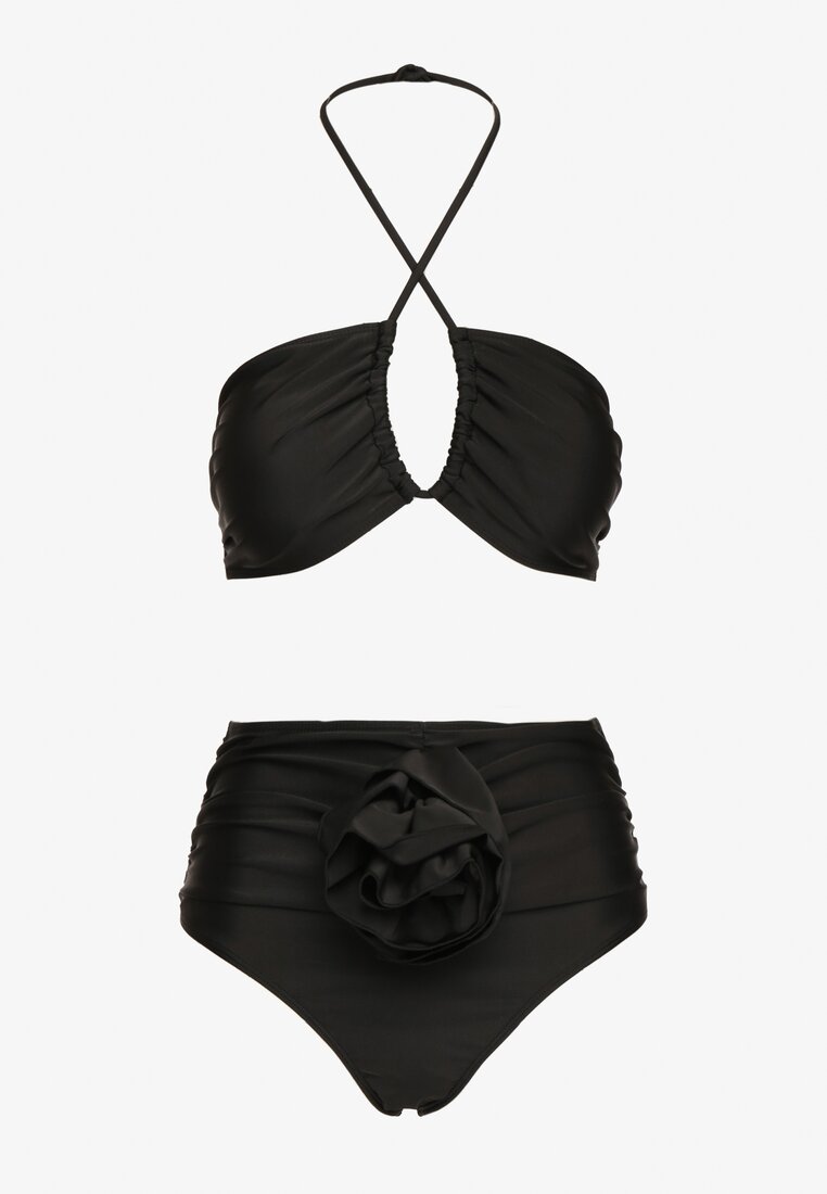 Czarne 2-Częściowe Bikini Stanik Zapinany przy Szyi z Wiązaniem Figi z Wysokim Stanem Nanselian