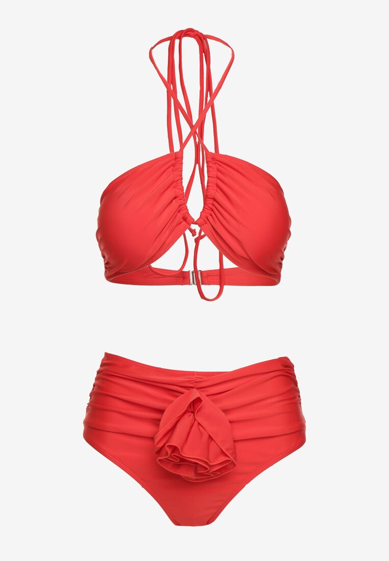 Czerwone 2-Częściowe Bikini Stanik Zapinany przy Szyi z Wiązaniem Figi z Wysokim Stanem Nanselian