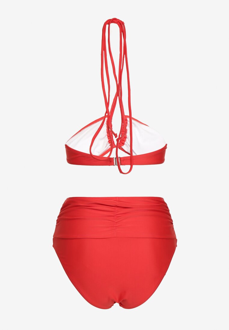 Czerwone 2-Częściowe Bikini Stanik Zapinany przy Szyi z Wiązaniem Figi z Wysokim Stanem Nanselian