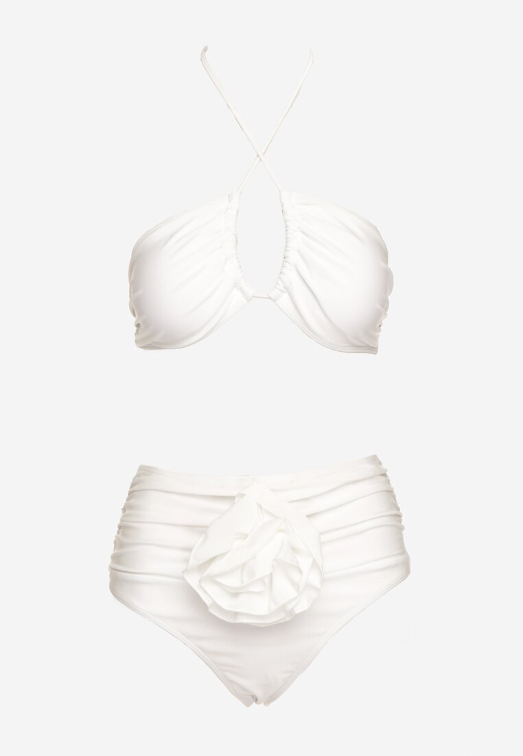 Białe 2-Częściowe Bikini Stanik Zapinany przy Szyi z Wiązaniem Figi z Wysokim Stanem Nanselian