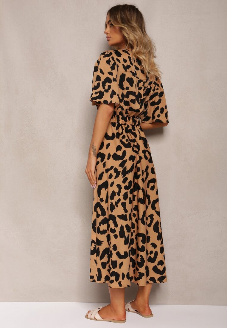 Ciemnobeżowa Panterkowa Sukienka o Taliowanym Kroju z Gumką w Pasie Rivallea